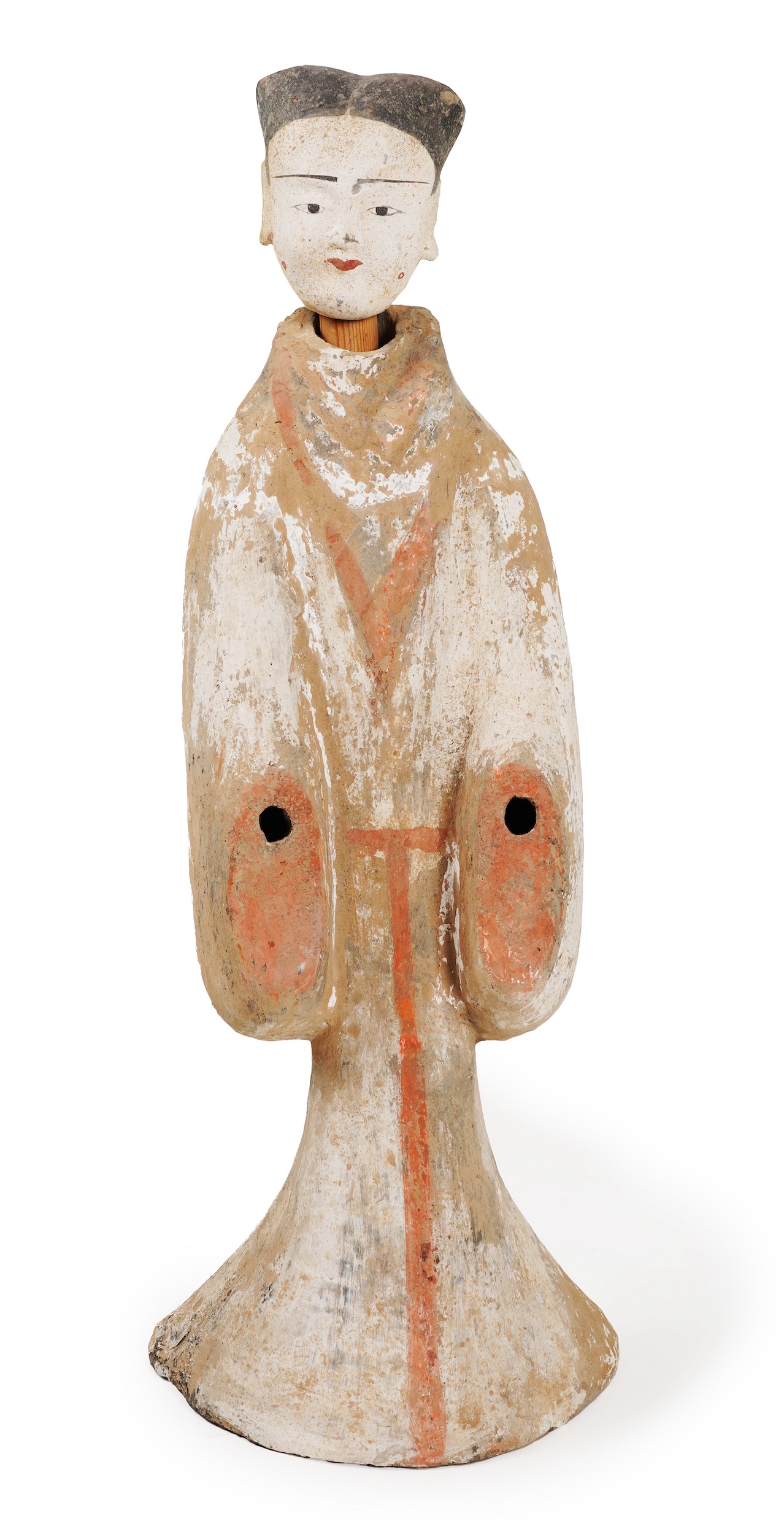 A large Chinese polychrome pottery figure of a female attendant, Han dynasty or later